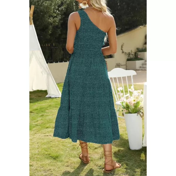 imageZESICA Womens 2024 Bohemian Summer Floral Print One Shoulder Sleeveless Smocked Ruffle Tiered Beach Long Midi DressTeal