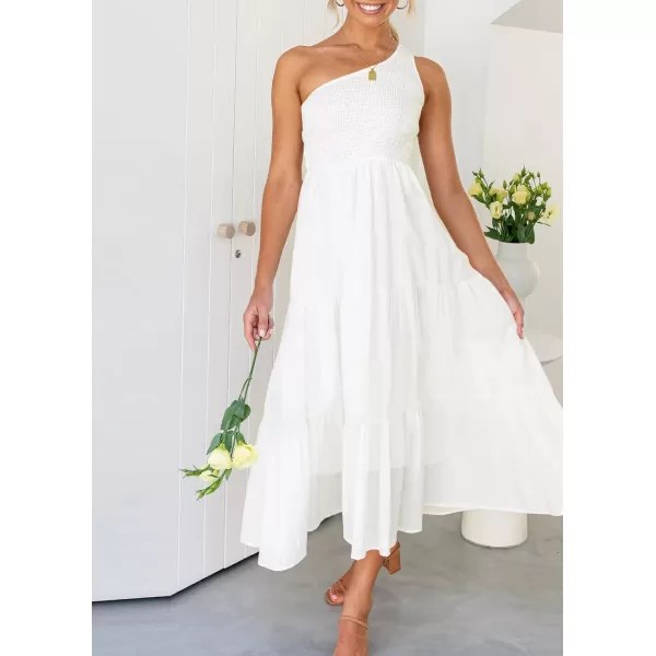 imageZESICA Womens 2024 Bohemian Summer Floral Print One Shoulder Sleeveless Smocked Ruffle Tiered Beach Long Midi DressWhite
