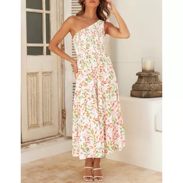 imageZESICA Womens 2024 Bohemian Summer Floral Print One Shoulder Sleeveless Smocked Ruffle Tiered Beach Long Midi DressWhitepink