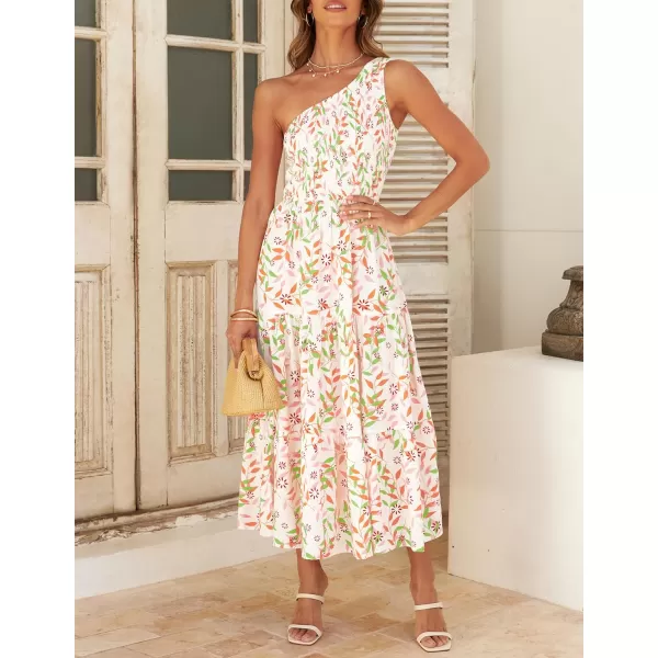 imageZESICA Womens 2024 Bohemian Summer Floral Print One Shoulder Sleeveless Smocked Ruffle Tiered Beach Long Midi DressWhitepink
