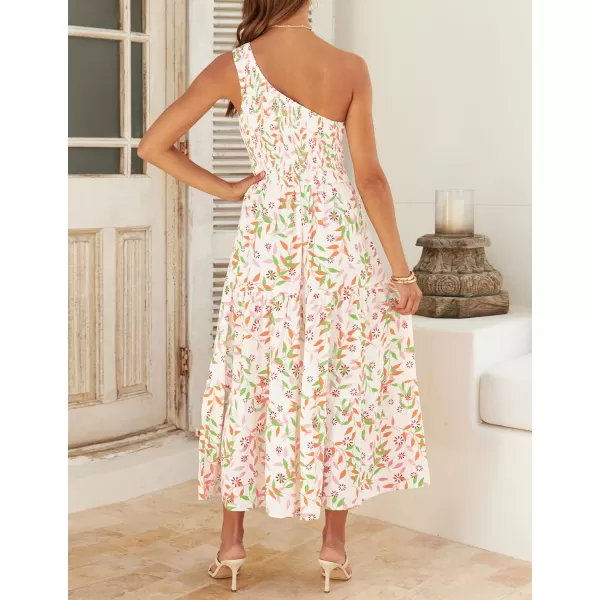 imageZESICA Womens 2024 Bohemian Summer Floral Print One Shoulder Sleeveless Smocked Ruffle Tiered Beach Long Midi DressWhitepink
