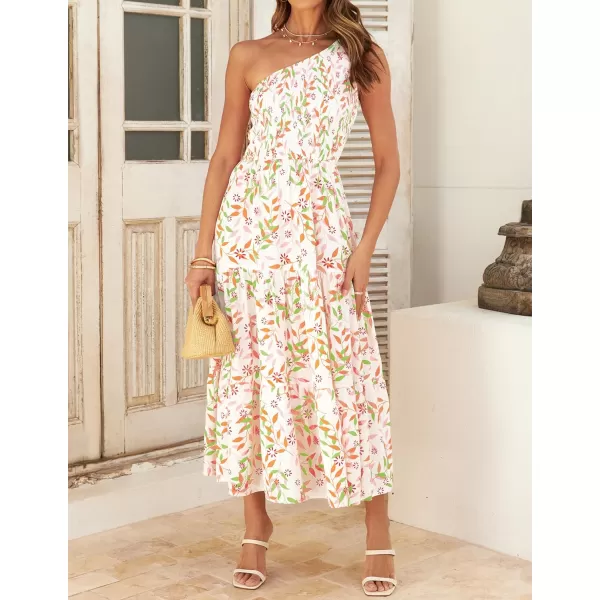 imageZESICA Womens 2024 Bohemian Summer Floral Print One Shoulder Sleeveless Smocked Ruffle Tiered Beach Long Midi DressWhitepink
