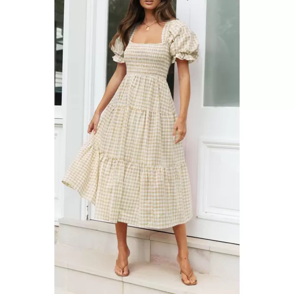 imageZESICA Womens 2024 Bohemian Summer Plaid Square Neck Puff Sleeve Ruffle Flowy Beach Midi DressBeige