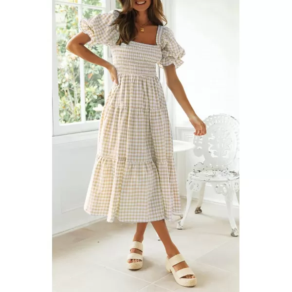 imageZESICA Womens 2024 Bohemian Summer Plaid Square Neck Puff Sleeve Ruffle Flowy Beach Midi DressBeige