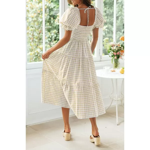 imageZESICA Womens 2024 Bohemian Summer Plaid Square Neck Puff Sleeve Ruffle Flowy Beach Midi DressBeige