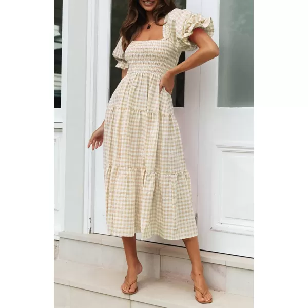 imageZESICA Womens 2024 Bohemian Summer Plaid Square Neck Puff Sleeve Ruffle Flowy Beach Midi DressBeige