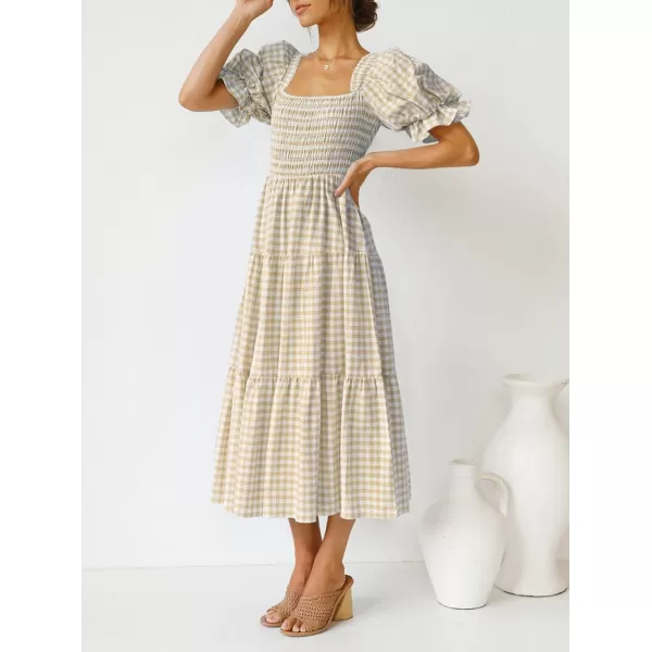 imageZESICA Womens 2024 Bohemian Summer Plaid Square Neck Puff Sleeve Ruffle Flowy Beach Midi DressBeige