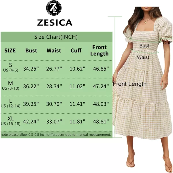 imageZESICA Womens 2024 Bohemian Summer Plaid Square Neck Puff Sleeve Ruffle Flowy Beach Midi DressBeige