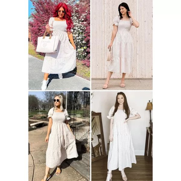 imageZESICA Womens 2024 Bohemian Summer Plaid Square Neck Puff Sleeve Ruffle Flowy Beach Midi DressBeige