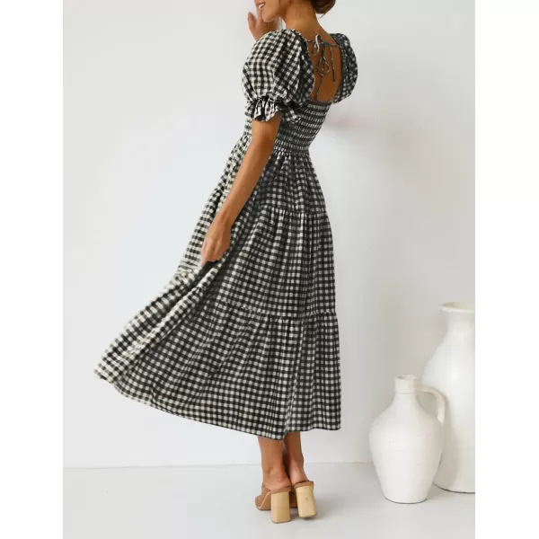 imageZESICA Womens 2024 Bohemian Summer Plaid Square Neck Puff Sleeve Ruffle Flowy Beach Midi DressBlack