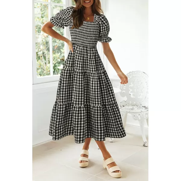 imageZESICA Womens 2024 Bohemian Summer Plaid Square Neck Puff Sleeve Ruffle Flowy Beach Midi DressBlack