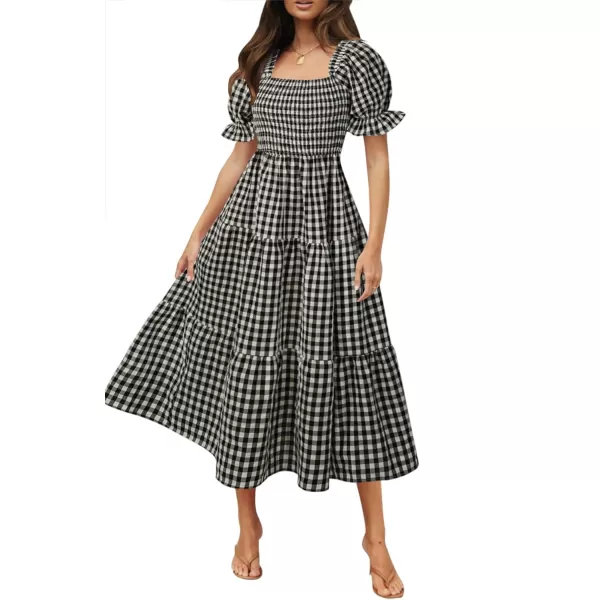 imageZESICA Womens 2024 Bohemian Summer Plaid Square Neck Puff Sleeve Ruffle Flowy Beach Midi DressBlack