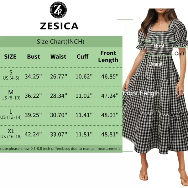 imageZESICA Womens 2024 Bohemian Summer Plaid Square Neck Puff Sleeve Ruffle Flowy Beach Midi DressBlack