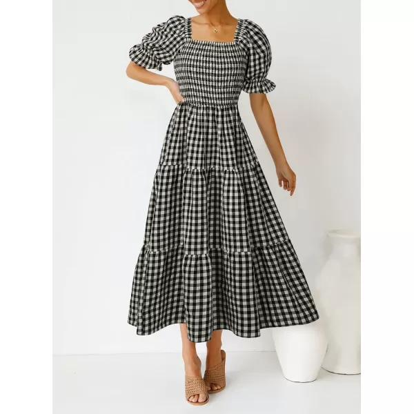 imageZESICA Womens 2024 Bohemian Summer Plaid Square Neck Puff Sleeve Ruffle Flowy Beach Midi DressBlack
