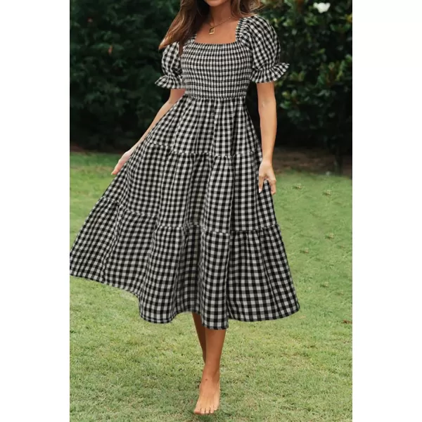 imageZESICA Womens 2024 Bohemian Summer Plaid Square Neck Puff Sleeve Ruffle Flowy Beach Midi DressBlack
