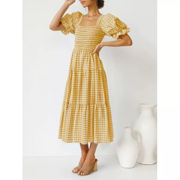 imageZESICA Womens 2024 Bohemian Summer Plaid Square Neck Puff Sleeve Ruffle Flowy Beach Midi DressGinger