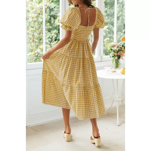 imageZESICA Womens 2024 Bohemian Summer Plaid Square Neck Puff Sleeve Ruffle Flowy Beach Midi DressGinger