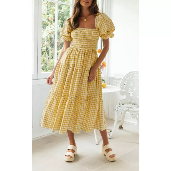 imageZESICA Womens 2024 Bohemian Summer Plaid Square Neck Puff Sleeve Ruffle Flowy Beach Midi DressGinger