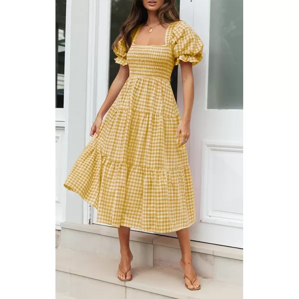 imageZESICA Womens 2024 Bohemian Summer Plaid Square Neck Puff Sleeve Ruffle Flowy Beach Midi DressGinger