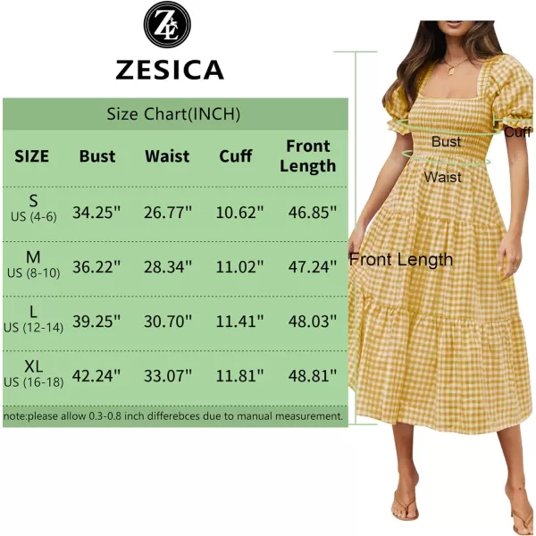 imageZESICA Womens 2024 Bohemian Summer Plaid Square Neck Puff Sleeve Ruffle Flowy Beach Midi DressGinger