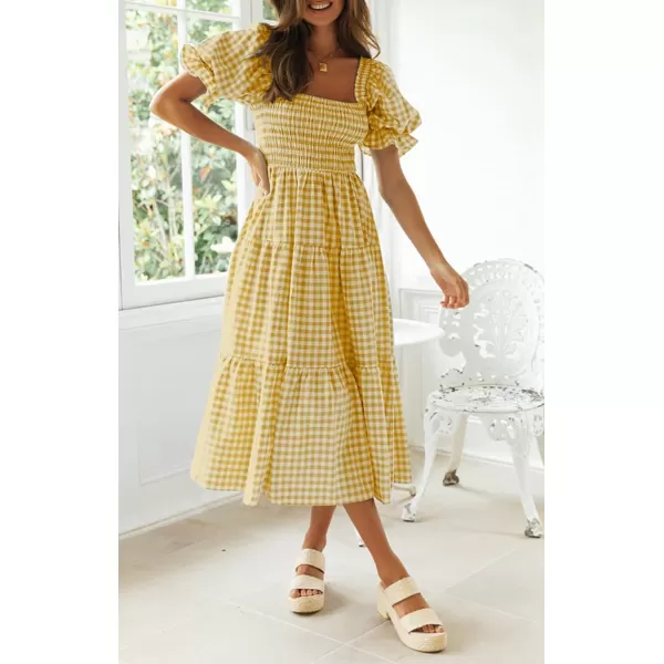 imageZESICA Womens 2024 Bohemian Summer Plaid Square Neck Puff Sleeve Ruffle Flowy Beach Midi DressGinger