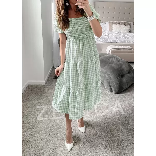 imageZESICA Womens 2024 Bohemian Summer Plaid Square Neck Puff Sleeve Ruffle Flowy Beach Midi DressGreen
