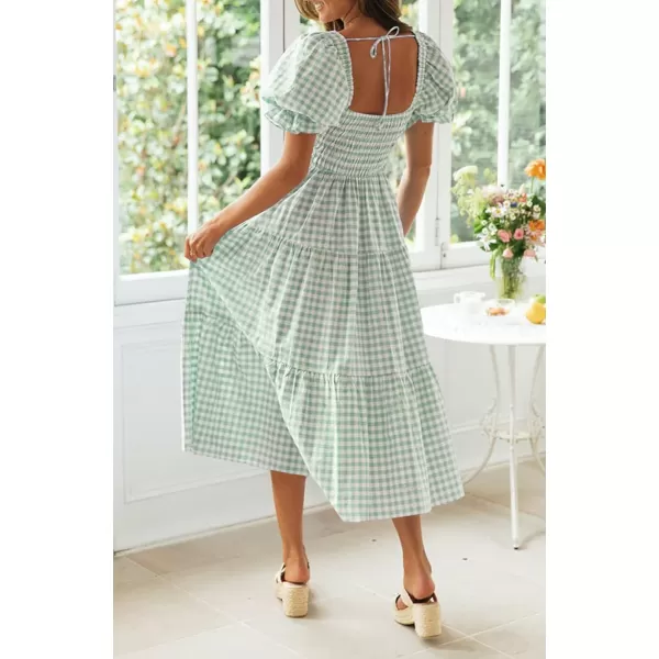 imageZESICA Womens 2024 Bohemian Summer Plaid Square Neck Puff Sleeve Ruffle Flowy Beach Midi DressGreen