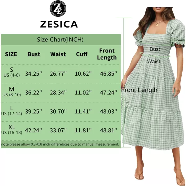 imageZESICA Womens 2024 Bohemian Summer Plaid Square Neck Puff Sleeve Ruffle Flowy Beach Midi DressGreen