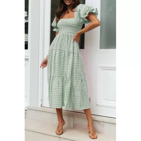 imageZESICA Womens 2024 Bohemian Summer Plaid Square Neck Puff Sleeve Ruffle Flowy Beach Midi DressGreen