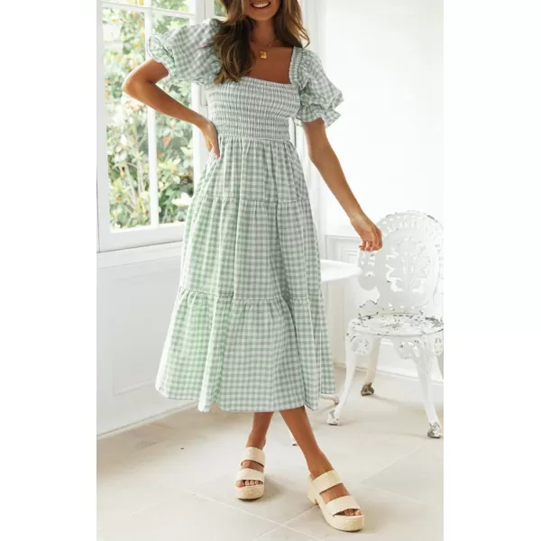 imageZESICA Womens 2024 Bohemian Summer Plaid Square Neck Puff Sleeve Ruffle Flowy Beach Midi DressGreen