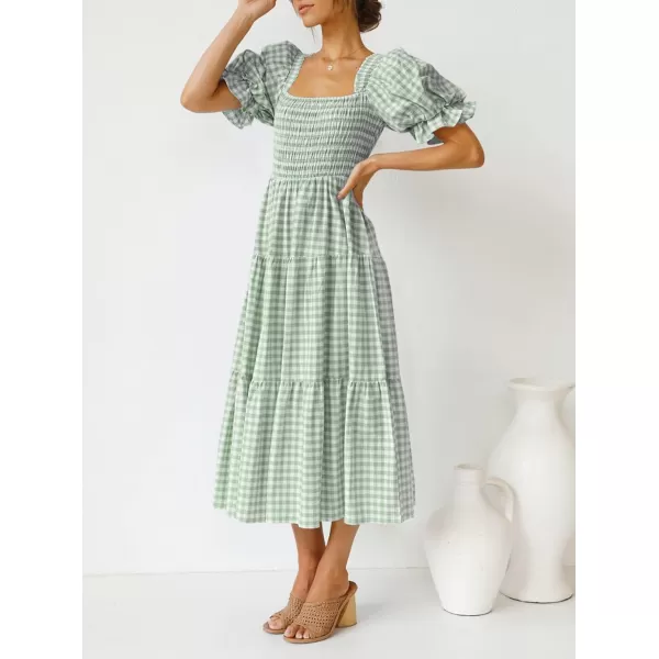 imageZESICA Womens 2024 Bohemian Summer Plaid Square Neck Puff Sleeve Ruffle Flowy Beach Midi DressGreen