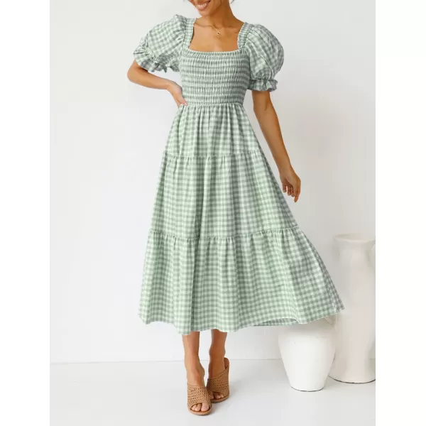 imageZESICA Womens 2024 Bohemian Summer Plaid Square Neck Puff Sleeve Ruffle Flowy Beach Midi DressGreen