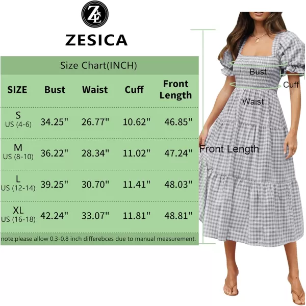 imageZESICA Womens 2024 Bohemian Summer Plaid Square Neck Puff Sleeve Ruffle Flowy Beach Midi DressGrey