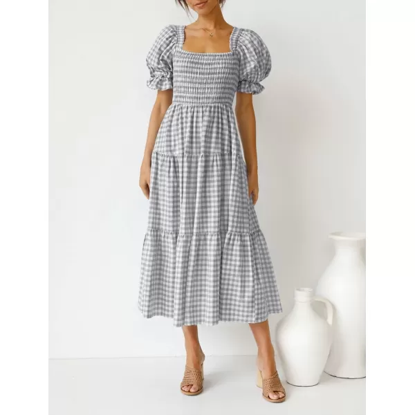 imageZESICA Womens 2024 Bohemian Summer Plaid Square Neck Puff Sleeve Ruffle Flowy Beach Midi DressGrey