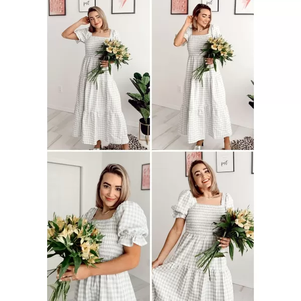 imageZESICA Womens 2024 Bohemian Summer Plaid Square Neck Puff Sleeve Ruffle Flowy Beach Midi DressGrey