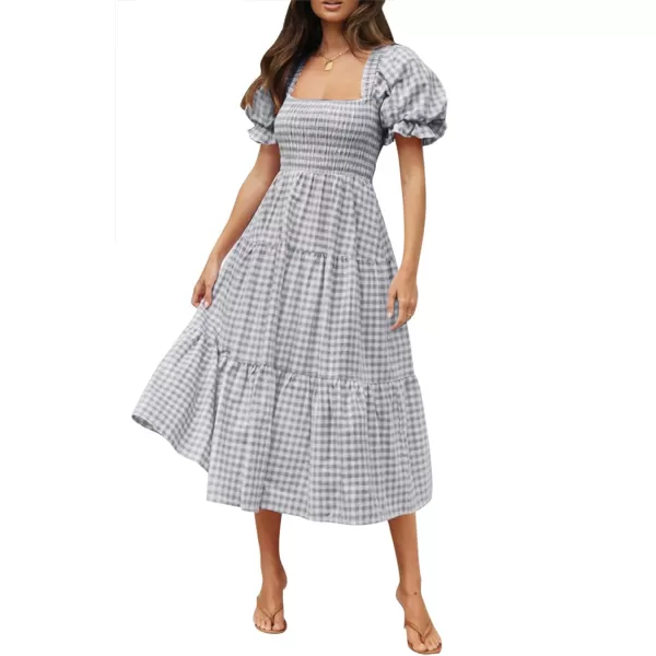 imageZESICA Womens 2024 Bohemian Summer Plaid Square Neck Puff Sleeve Ruffle Flowy Beach Midi DressGrey