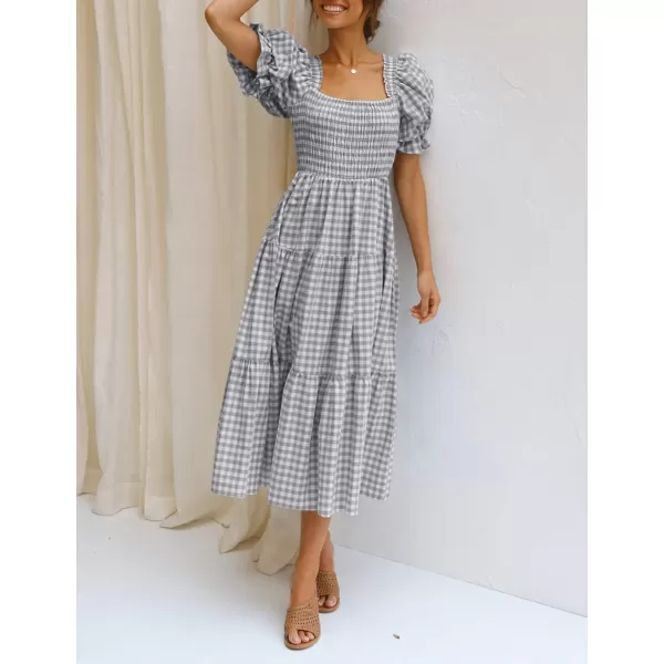 imageZESICA Womens 2024 Bohemian Summer Plaid Square Neck Puff Sleeve Ruffle Flowy Beach Midi DressGrey