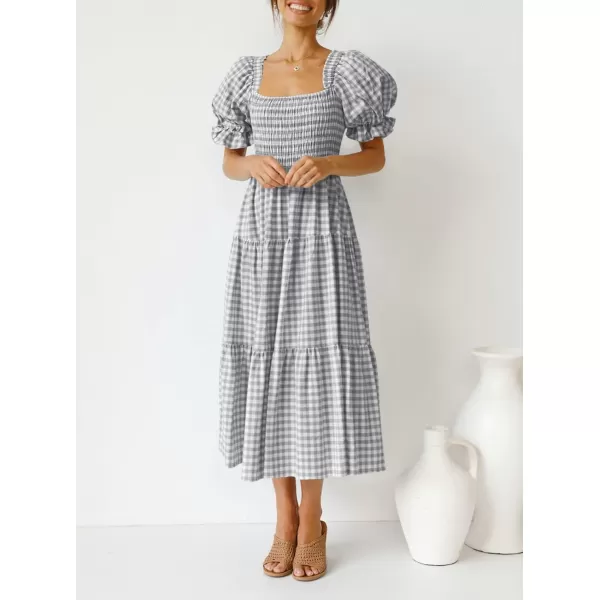imageZESICA Womens 2024 Bohemian Summer Plaid Square Neck Puff Sleeve Ruffle Flowy Beach Midi DressGrey