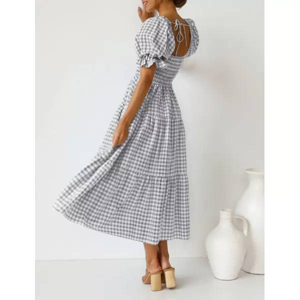 imageZESICA Womens 2024 Bohemian Summer Plaid Square Neck Puff Sleeve Ruffle Flowy Beach Midi DressGrey