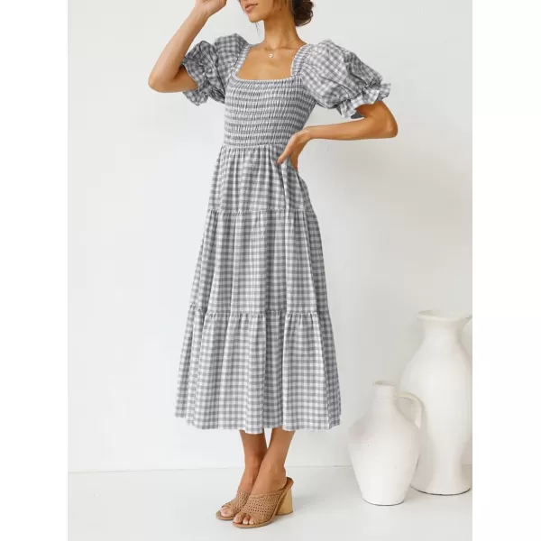 imageZESICA Womens 2024 Bohemian Summer Plaid Square Neck Puff Sleeve Ruffle Flowy Beach Midi DressGrey