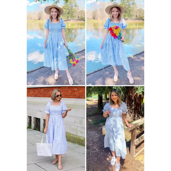 imageZESICA Womens 2024 Bohemian Summer Plaid Square Neck Puff Sleeve Ruffle Flowy Beach Midi DressLightblue