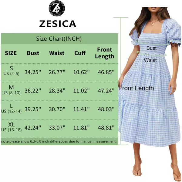 imageZESICA Womens 2024 Bohemian Summer Plaid Square Neck Puff Sleeve Ruffle Flowy Beach Midi DressLightblue