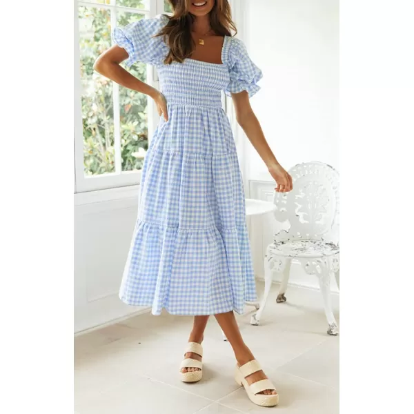 imageZESICA Womens 2024 Bohemian Summer Plaid Square Neck Puff Sleeve Ruffle Flowy Beach Midi DressLightblue