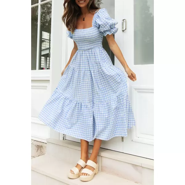 imageZESICA Womens 2024 Bohemian Summer Plaid Square Neck Puff Sleeve Ruffle Flowy Beach Midi DressLightblue