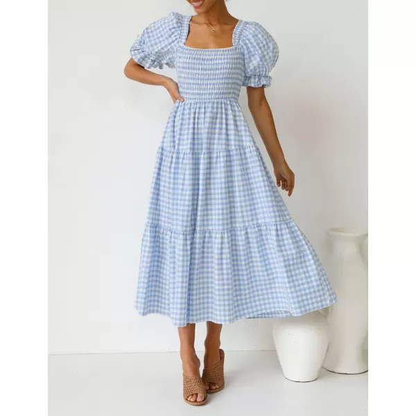 imageZESICA Womens 2024 Bohemian Summer Plaid Square Neck Puff Sleeve Ruffle Flowy Beach Midi DressLightblue
