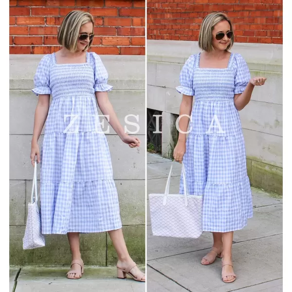 imageZESICA Womens 2024 Bohemian Summer Plaid Square Neck Puff Sleeve Ruffle Flowy Beach Midi DressLightblue