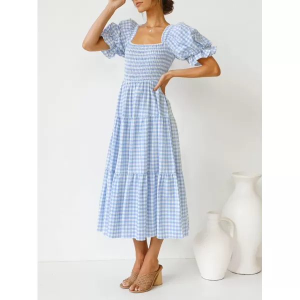 imageZESICA Womens 2024 Bohemian Summer Plaid Square Neck Puff Sleeve Ruffle Flowy Beach Midi DressLightblue