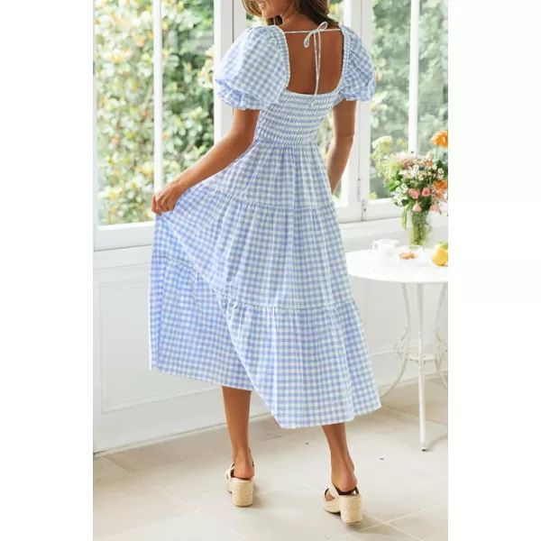 imageZESICA Womens 2024 Bohemian Summer Plaid Square Neck Puff Sleeve Ruffle Flowy Beach Midi DressLightblue
