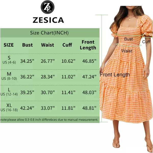 imageZESICA Womens 2024 Bohemian Summer Plaid Square Neck Puff Sleeve Ruffle Flowy Beach Midi DressOrange