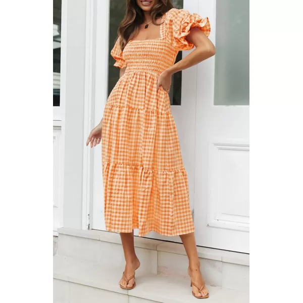 imageZESICA Womens 2024 Bohemian Summer Plaid Square Neck Puff Sleeve Ruffle Flowy Beach Midi DressOrange
